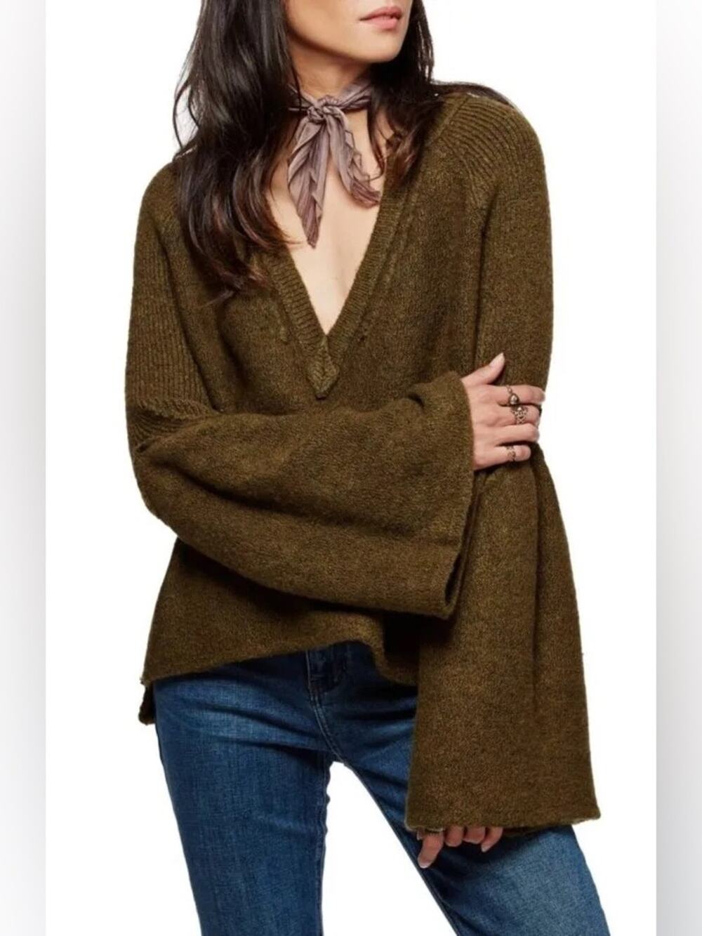 Free People Lovely Lines Bell Sleeve V-neck Oversized Sweater Dark Olive Smal